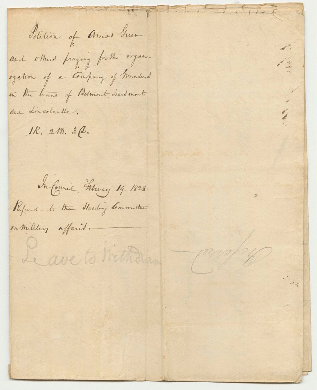 Miniature of Petition of Amos Green and Others, Praying for the Organization of a Company of Grenadiers in the Towns of Belmont, Searsmont, and Lincolnville