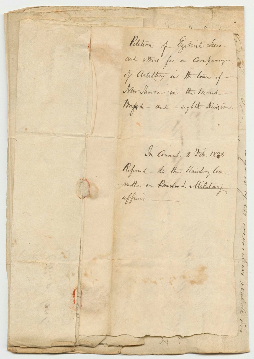 Miniature of Petition of Ezekial Luce and Others for a Company of Artillery in the Town of New Sharon in the Second Brigade and Eighth Division