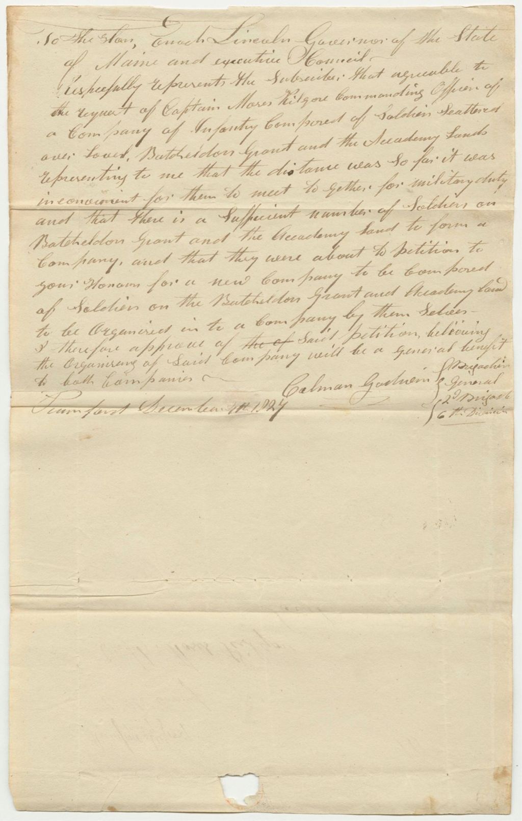 Miniature of Letter from Calmen Gadview, Brigadier General of the 2nd Brigade 6th Division, Approving of the Petition for the Organization of a New Company in Batchelder's Grant and Academy Lands in the County of Oxford
