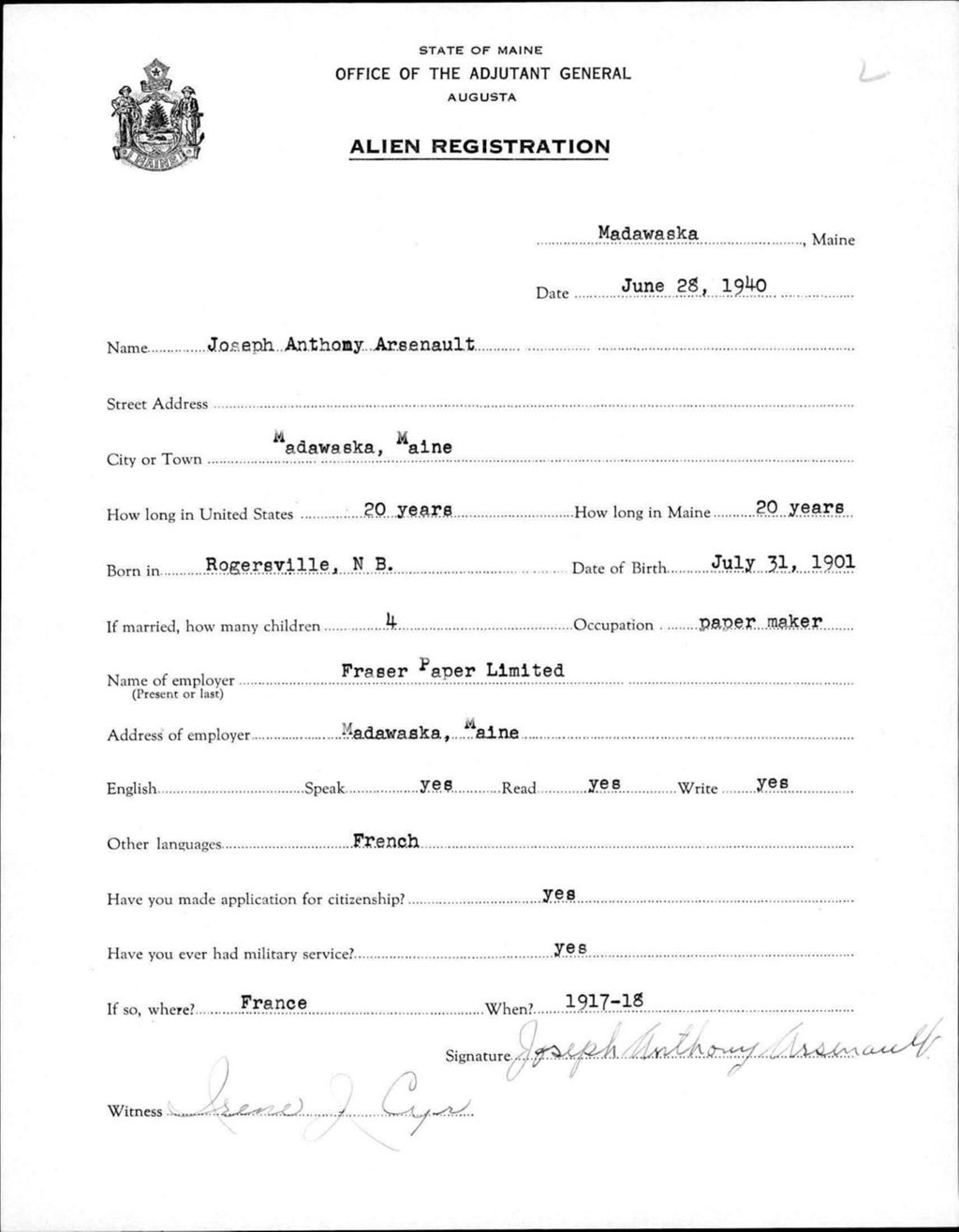 Miniature of Alien Registration- Arsenault, Joseph A. (Madawaska, Aroostook County)