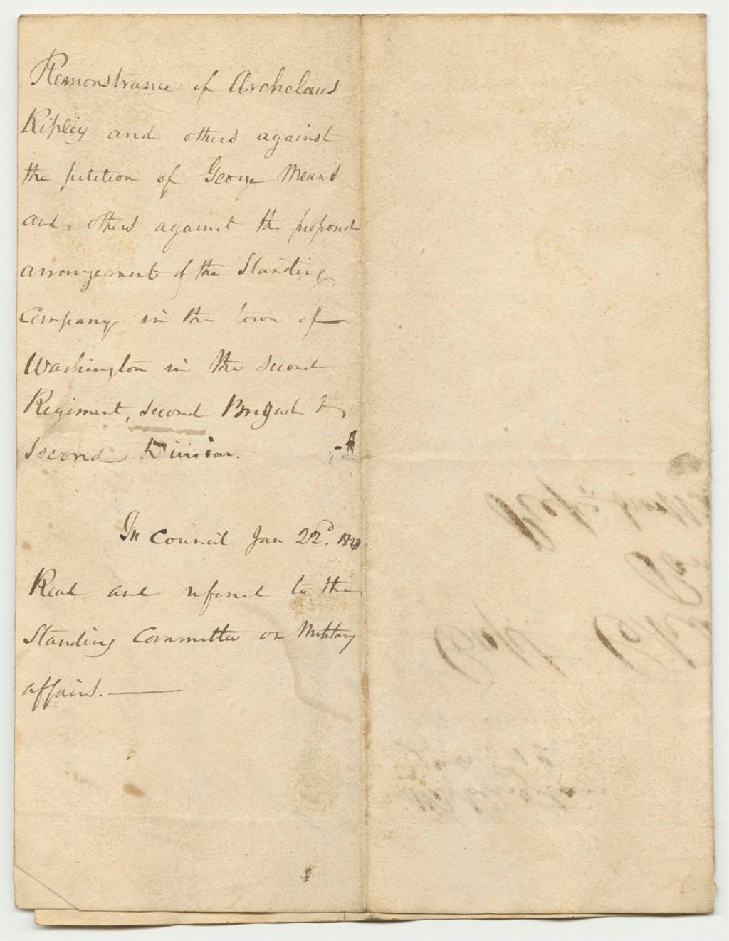 Miniature of Remonstrance of Archelaus Ripley and Others Against the Petition of George Mead and Others, Against the Proposed Arrangement of the Standing Company in the Town of Washinton in the Second Regiment Second Brigade Second Division