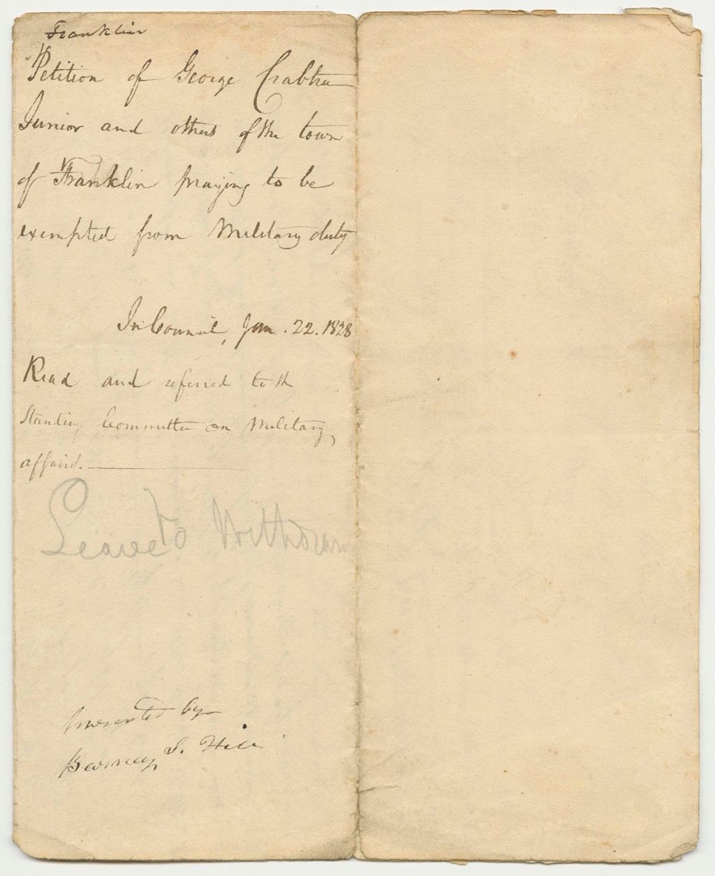 Miniature of Petition of George Crabtree Junior and Others the Town of Franklin, Praying to be Exempted from Military Duty