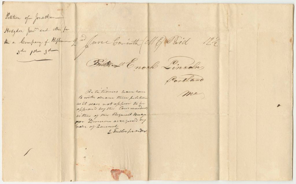 Miniature of Petition of Jonathon Hodgdon Junrio and Others for a Company of Riflemen in the 3rd Regiment 1st Brigade 3rd Division