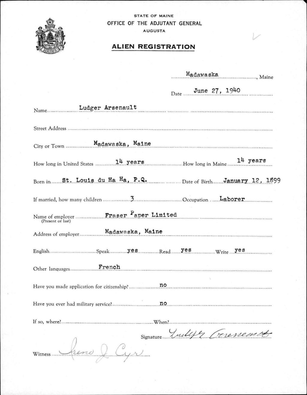 Miniature of Alien Registration- Arsenault, Ludger (Madawaska, Aroostook County)