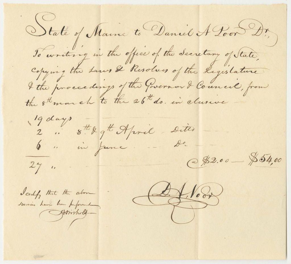 Miniature of Account of Daniel A. Poor, Clerk for Secretary of State
