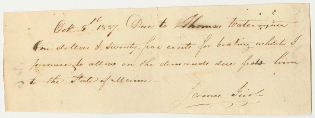 Miniature of Voucher No. 6: Receipt from James Irish to Thomas Waterson for Boating