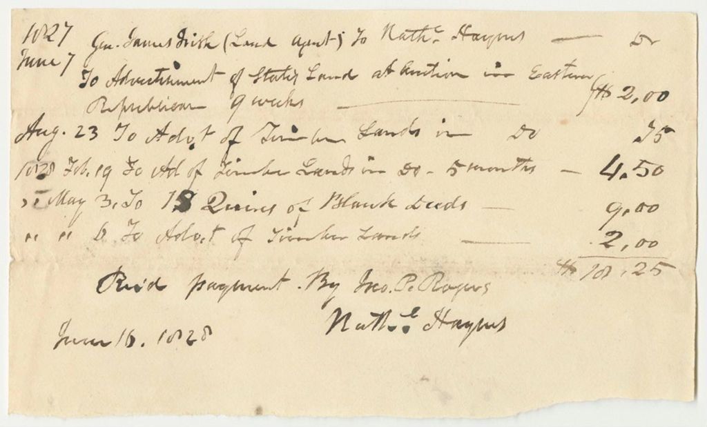 Miniature of Voucher No. 12: Receipt from James Irish to Nathaniel Haynes for  Advertising Land and Timber