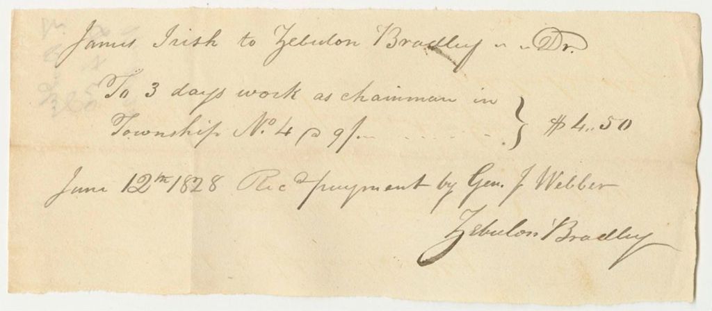 Miniature of Voucher No. 24: Receipt from James Irish to Zebulon Bradley for Work as Chairman in Township No. 4