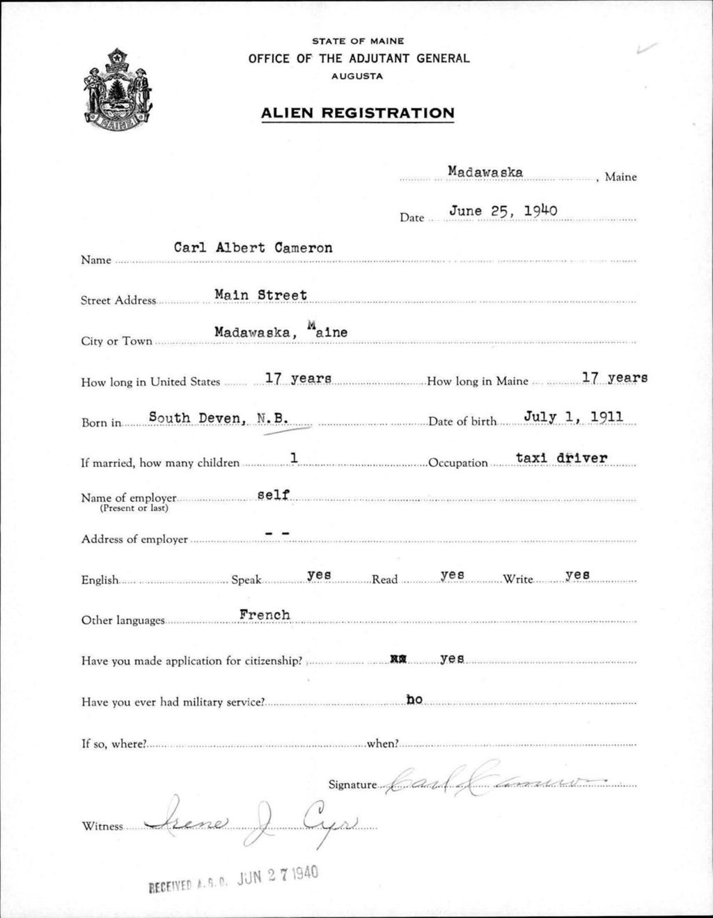 Miniature of Alien Registration- Cameron, Carl A. (Madawaska, Aroostook County)