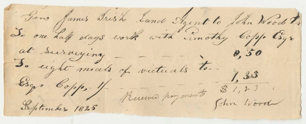 Miniature of Voucher No. 26: Receipt from James Irish to John Wood for Work with Timothy Copp at Surveying