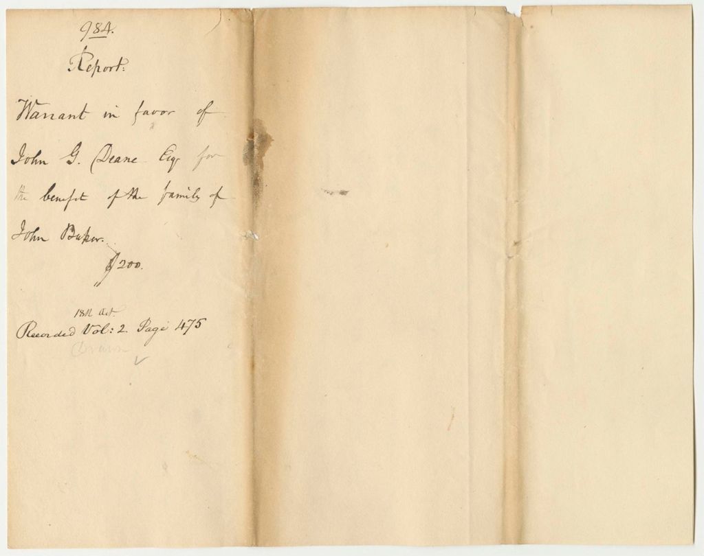 Miniature of Report 984: Report on the Warrant in Favor of John G. Deane, Esq., for the Benefit of the Family of John Baker