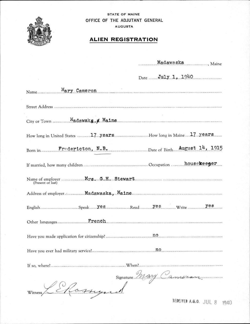 Miniature of Alien Registration- Cameron, Mary (Madawaska, Aroostook County)