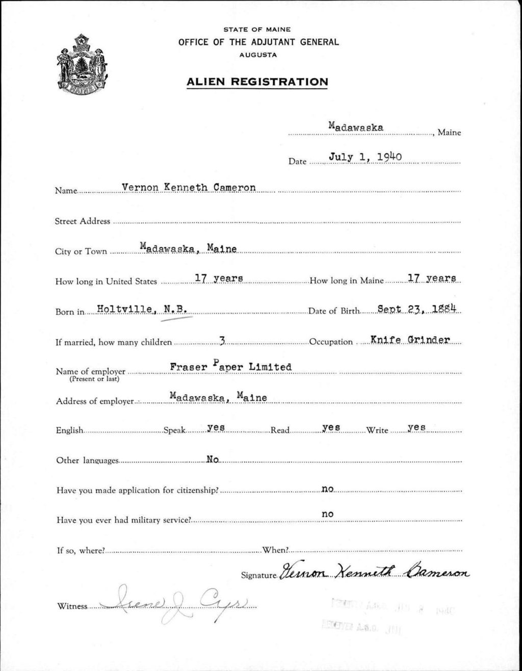 Miniature of Alien Registration- Cameron, Vernon K. (Madawaska, Aroostook County)