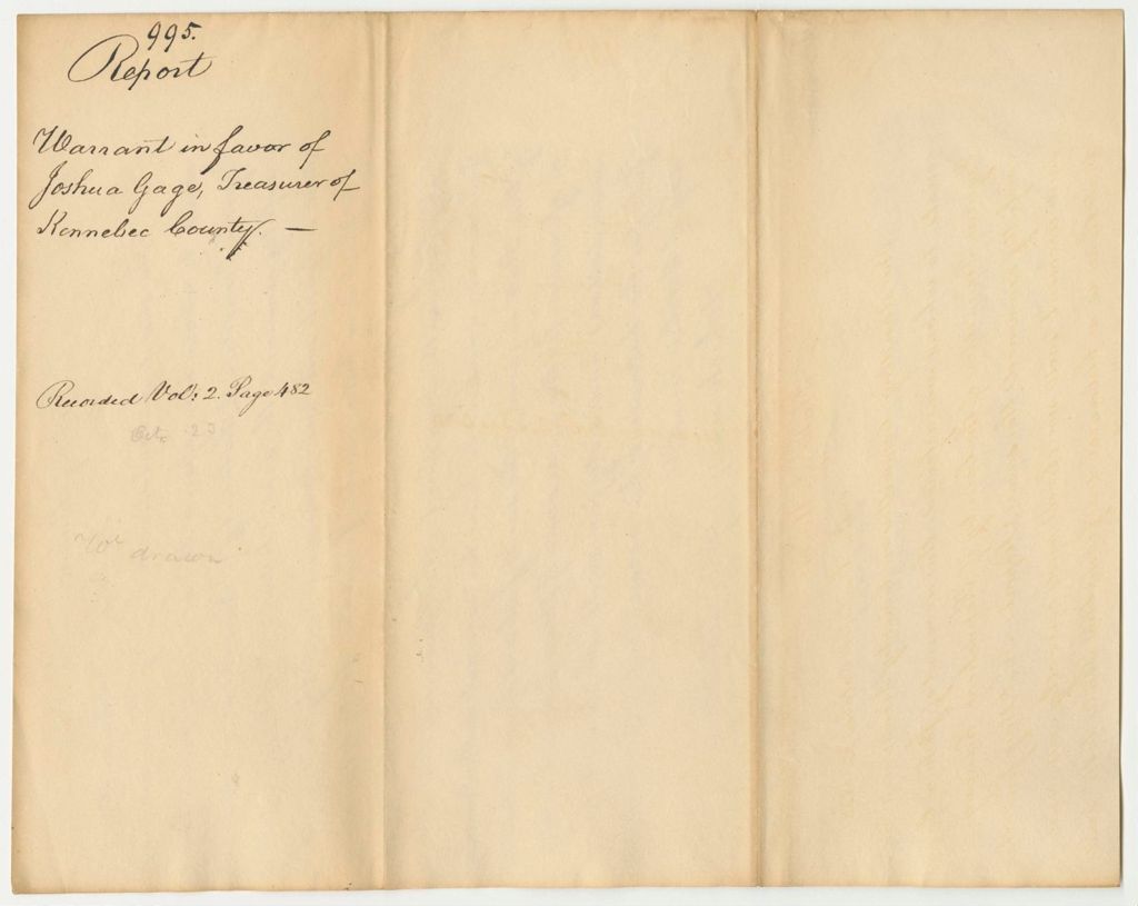 Miniature of Report 995: Report on the Warrant in Favor of Joshua Gage, Treasurer of Kennebec County