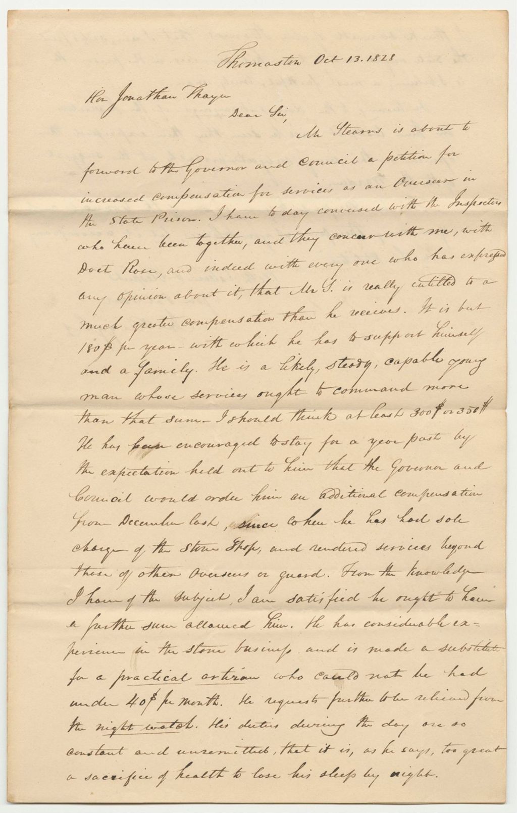 Miniature of Letter from John Ruggles to the Hon. Jonathon Thayer, in Support of the Petition of Ezekial Stearns for Increased Compensation as an Overseer in the State Prison