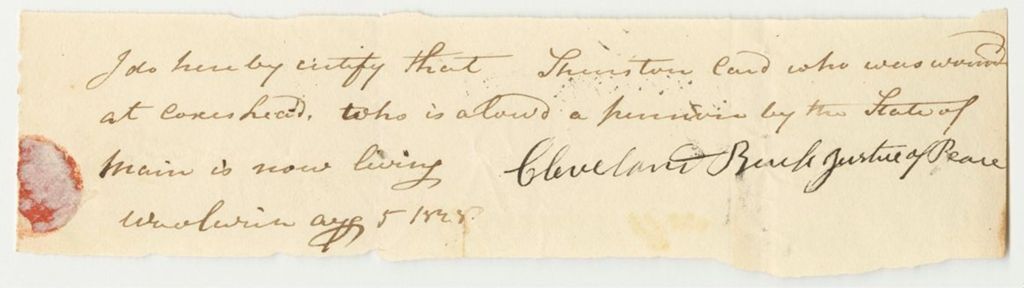 Miniature of Certification of Cleveland Birch, Justice of the Peace, for the Pension of Thurson Card