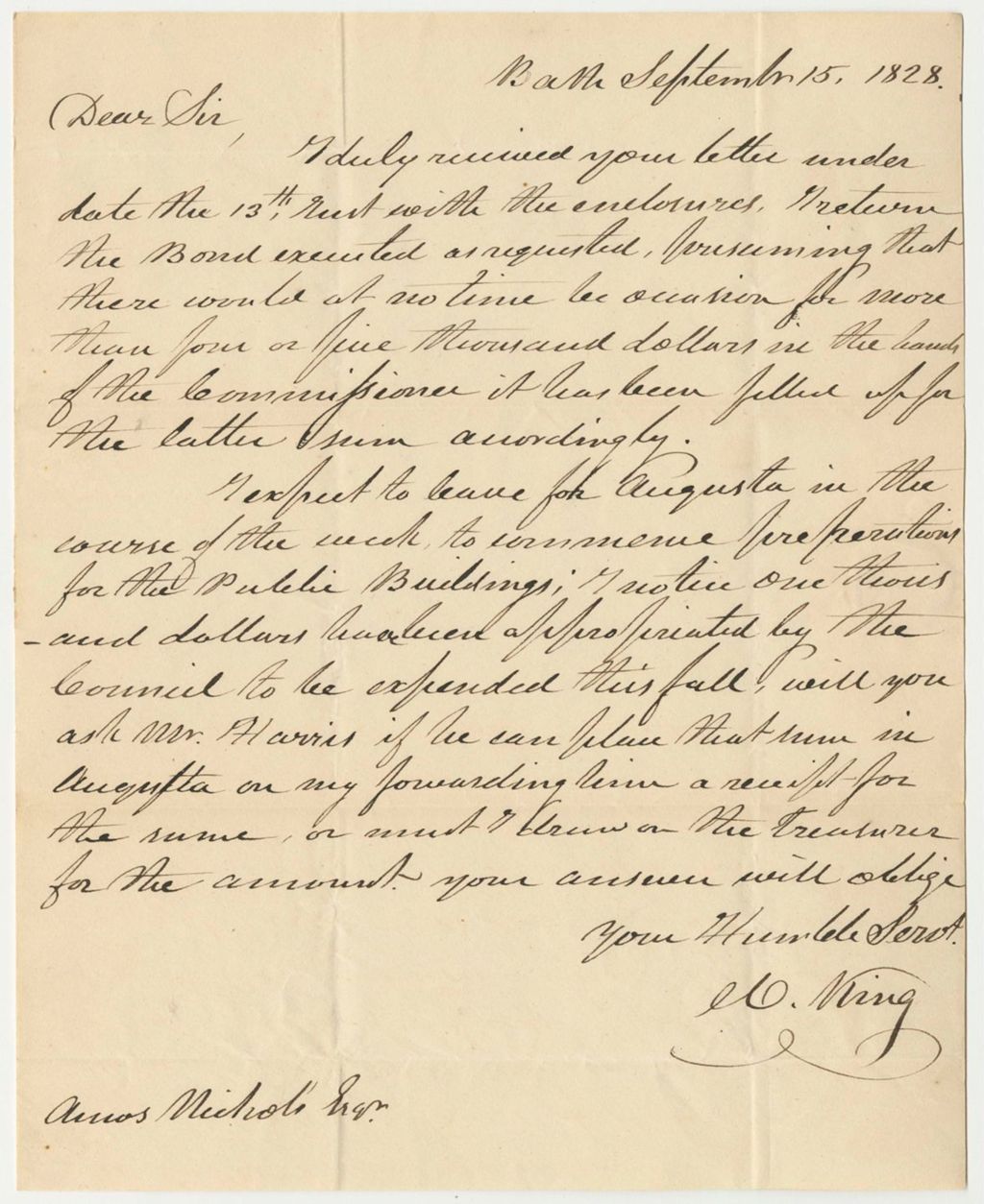Miniature of Communication from William King to Amos Nichols, Relating to Warrants in Favor of William King, Commissioner of Public Buildings