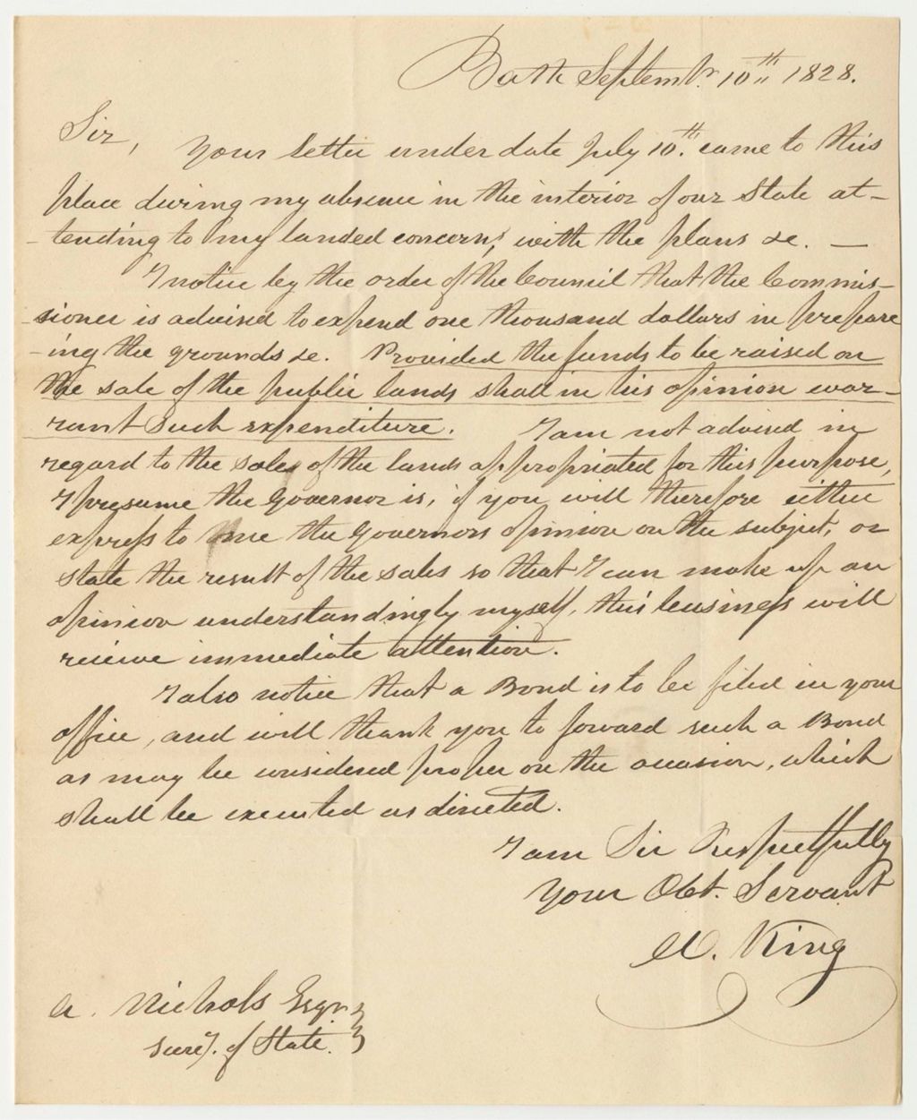 Miniature of Communication from William King to Amos Nichols, Relating to Warrants in Favor of William King, Commissioner of Public Buildings