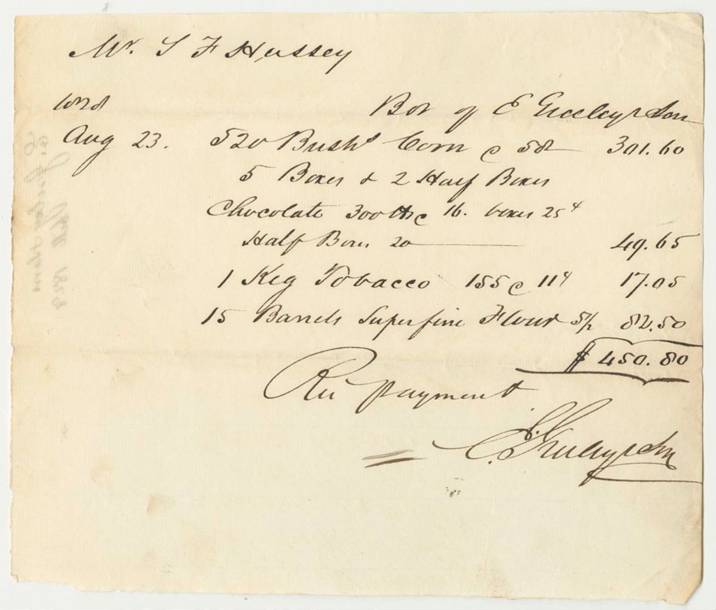 Miniature of E. Greeley's Bill for Corn, Chocolate, Tobacco, and Flour for Samuel F. Hussey