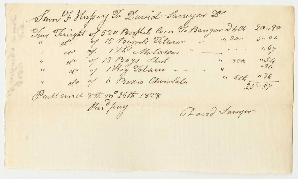 Miniature of David Sawyer's Bill for Corn, Flour, Molasses, Tobacco, and Chocolate for Samuel F. Hussey