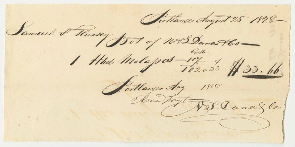 Miniature of N & L Dana & Co.'s Bill for Molasses for Samuel F. Hussey