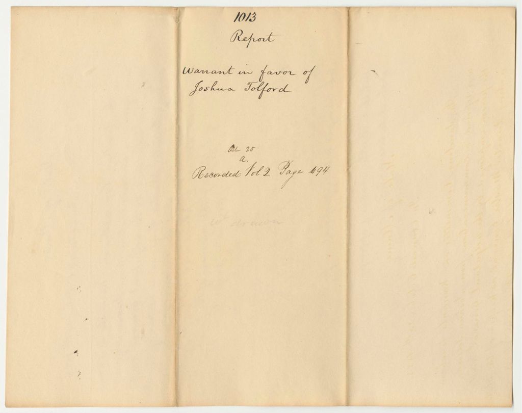 Miniature of Report 1013: Report on the Warrant in Favor of Joshua Tolford for Expenses Safekeeping Public Property at the State Arsenal