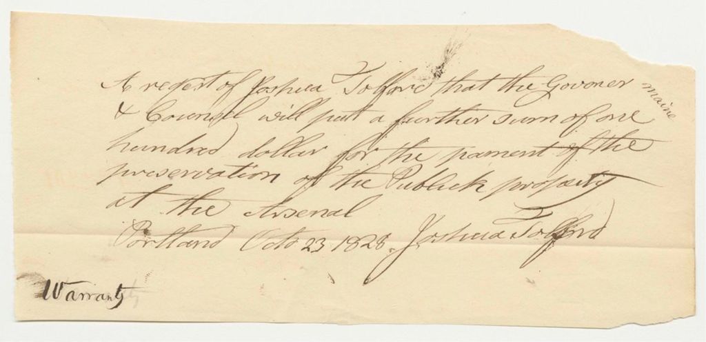 Miniature of Warrant in Favor of Joshua Tolford for Expenses Safekeeping Public Property at the State Arsenal