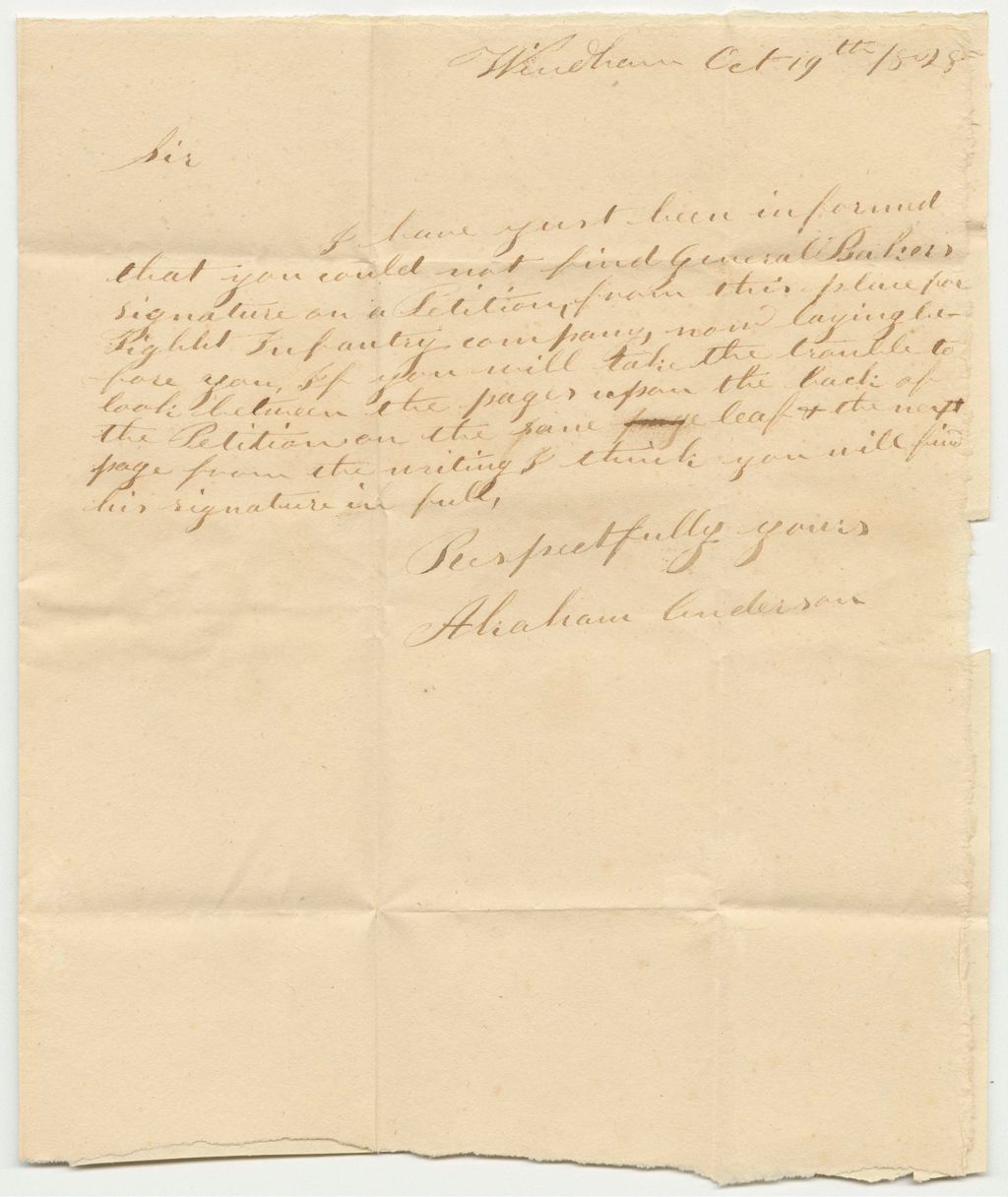 Miniature of Letter from Abraham Anderson, in Relation to His Petition for a Company of Light Infantry in Windham