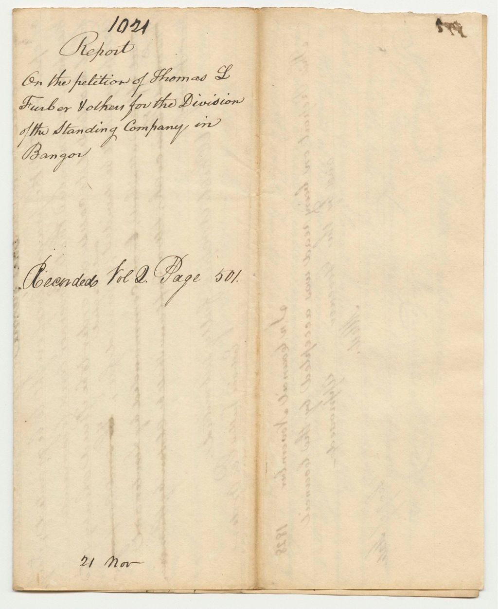Miniature of Report 1021: Report on the Petition of Thomas L. Furber and Others for the Division of the Standing Company in Bangor