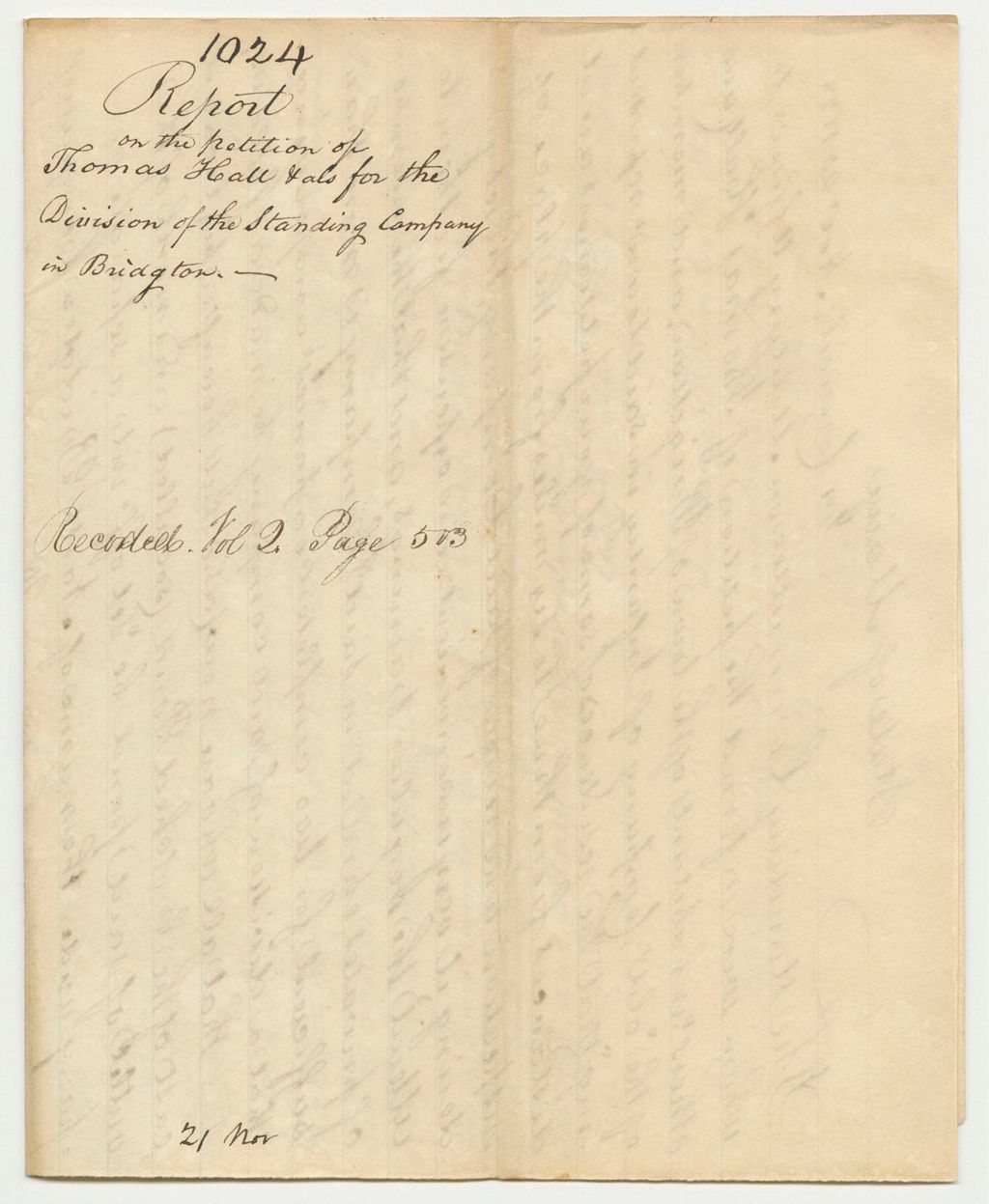 Miniature of Report 1024: Report on the Petition of Thomas Hall and Others for the Division of the Standing Company in Bridgton