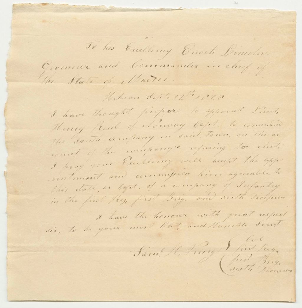 Miniature of Appointment of Henry Reed to Command the South Company in Norway, by Samuel H. King