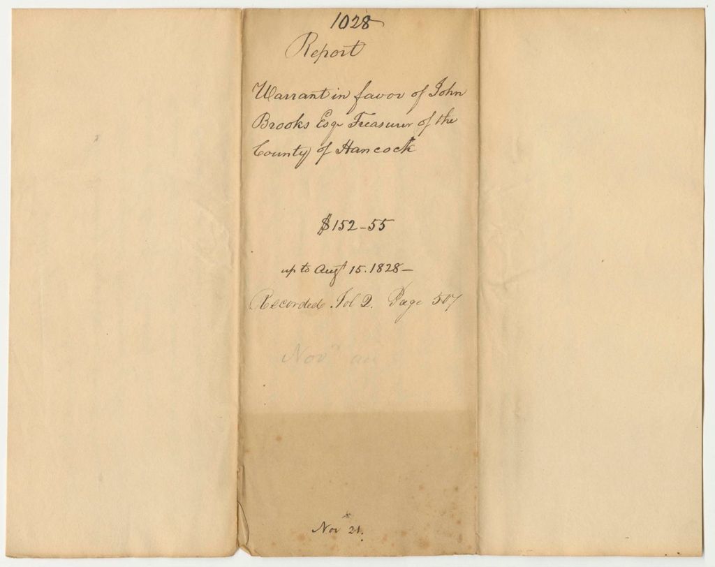 Miniature of Report 1028: Report on the Warrant in Favor of John Brooks, Esq., Treasurer of Hancock County