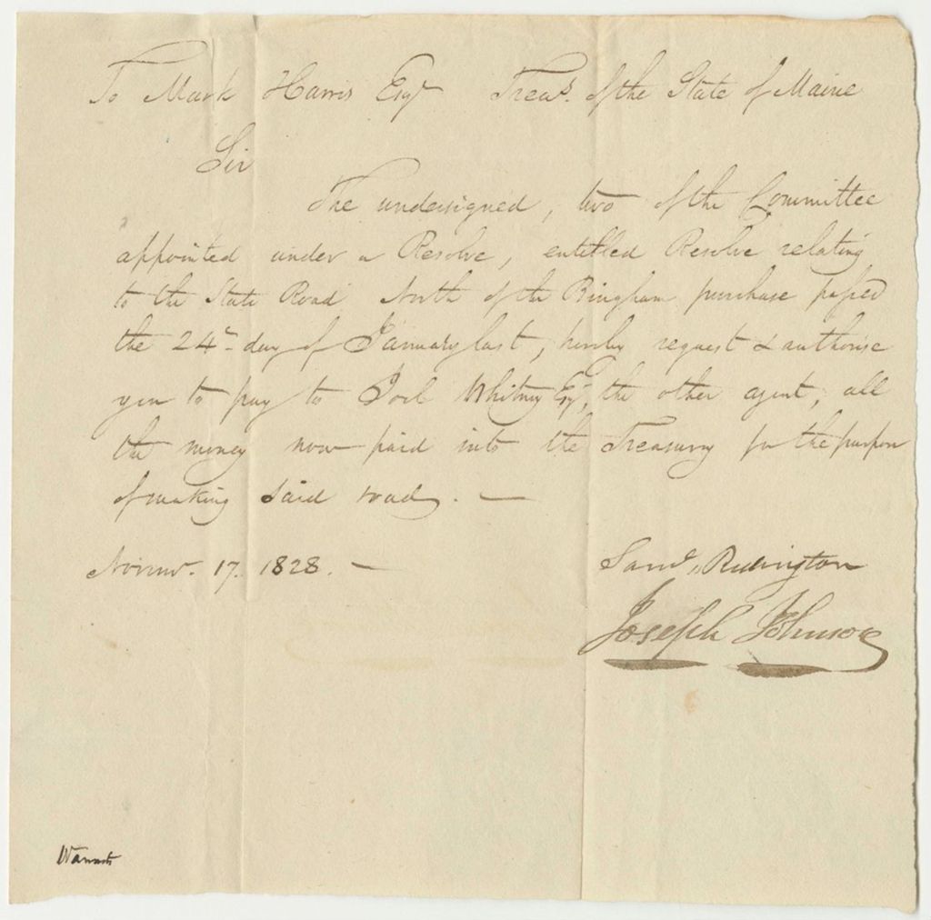 Miniature of Warrant in Favor of Joel Whitney and Others, Agents for the State Road North of Bingham's Purchase
