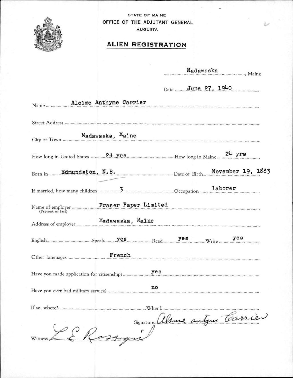 Miniature of Alien Registration- Carrier, Alcime A. (Madawaska, Aroostook County)