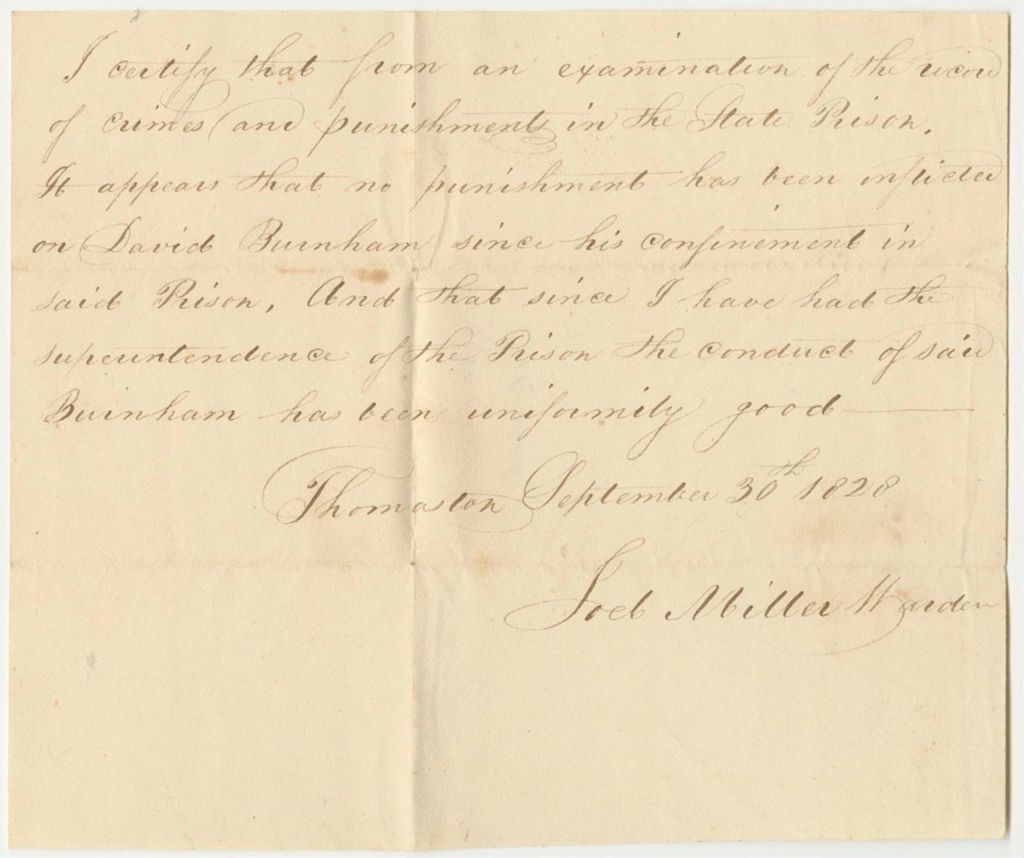 Miniature of Certification of Joel Miller, Warden of the State Prison, on the Conduct of David Burnham in Said Prison