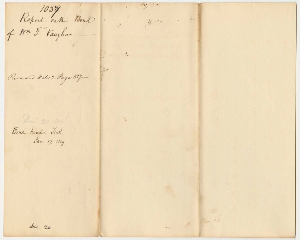 Miniature of Report 1037: Report on the Bond of William T. Vaughan, Clerk of the Judicial Courts of Cumberland County