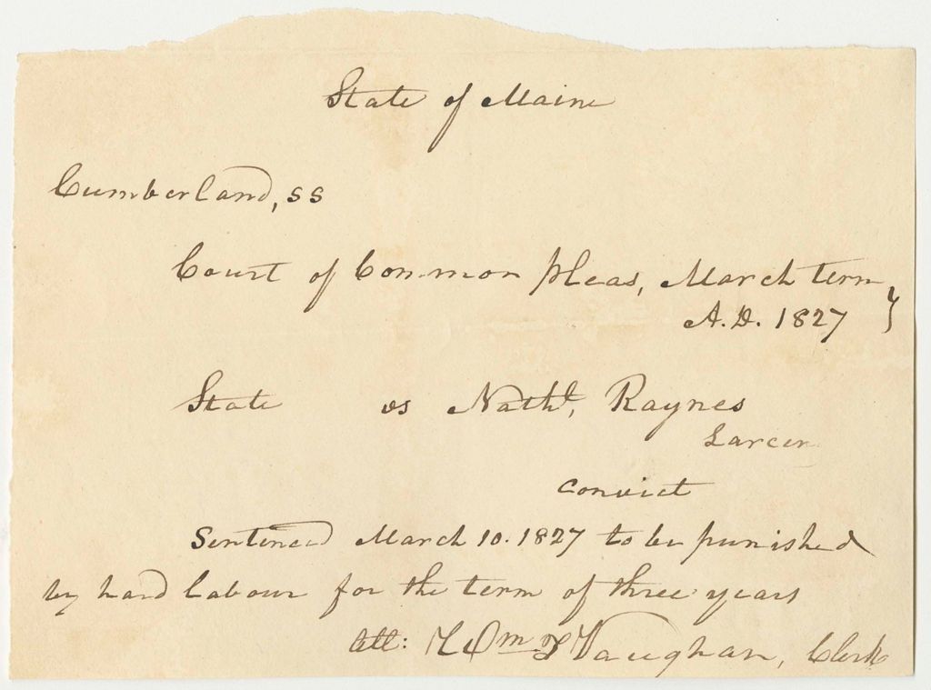 Miniature of State of Maine vs. Nathaniel Raynes, Copy of Sentence