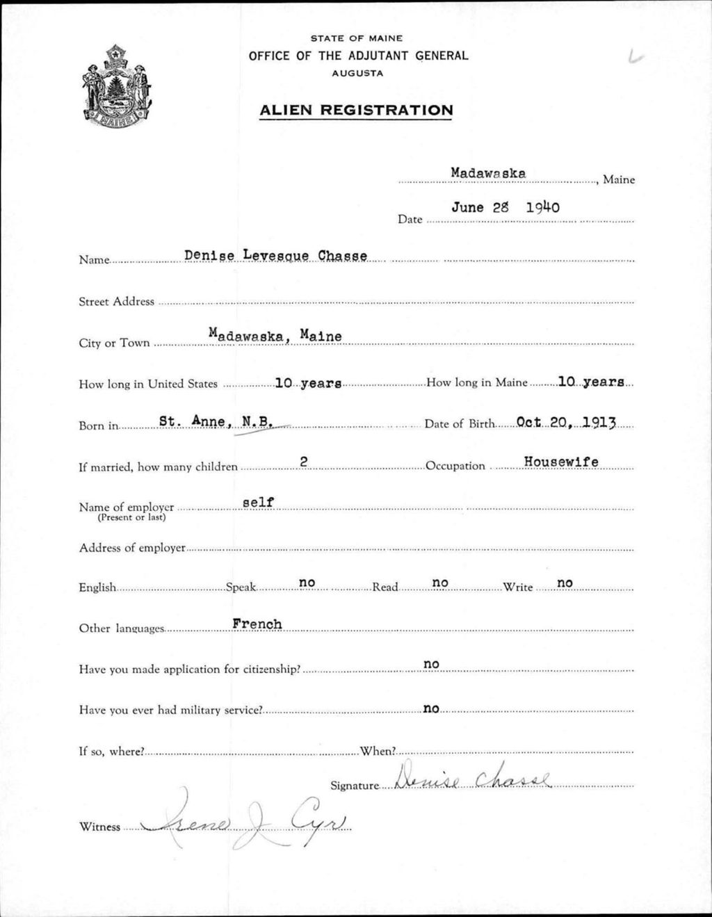 Miniature of Alien Registration- Levesque, Denise (Madawaska, Aroostook County)