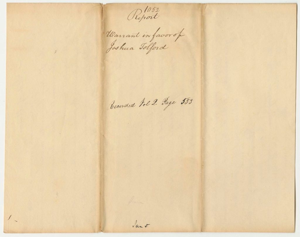 Miniature of Report 1052: Report on the Warrant in Favor of Joshua Tolford for Preservation of Public Property at the State Arsenal