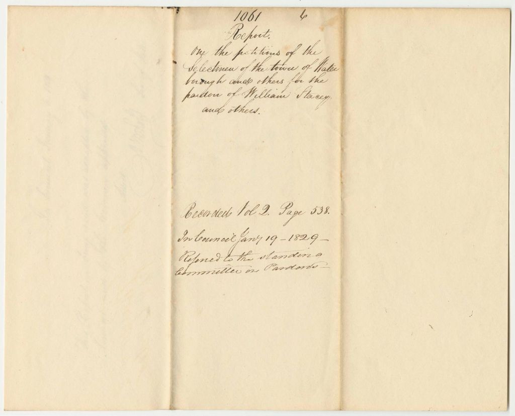 Miniature of Report 1061: Report on the Petition of the Selectmen of the Town of Waterborough and Others for the Pardon of William Stacy and Others, to be Referred to the Next Council