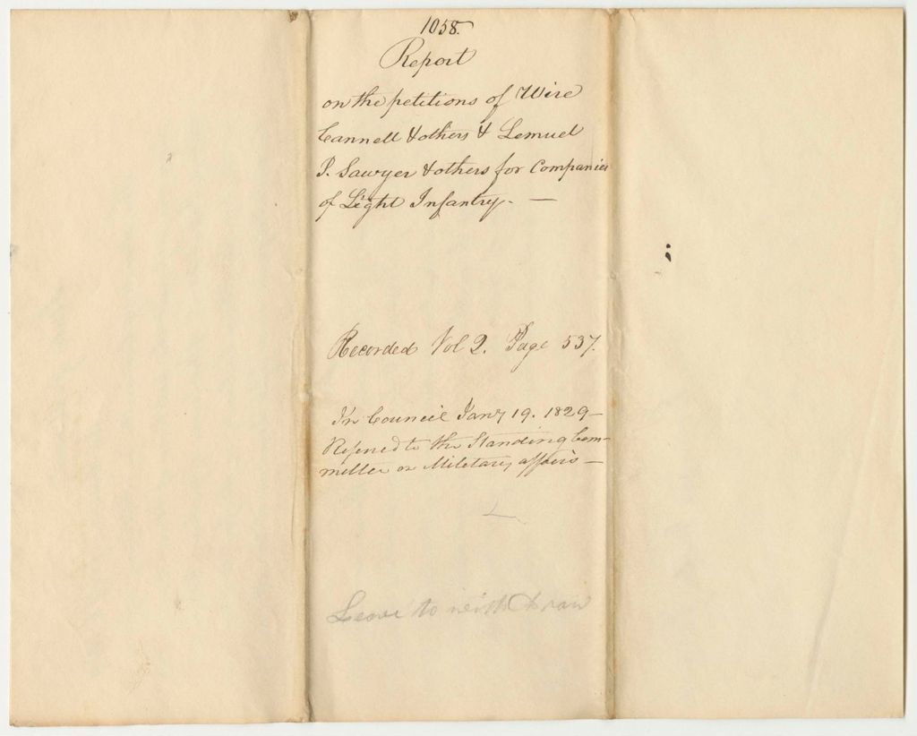 Miniature of Report 1058: Report on the Petitions of Wire Cannell and Others, and Lemuel P. Sawyer and Others for a Company of Light Infantry