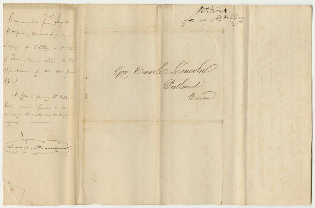 Miniature of Communication from Capt. Ingols Butterfield, Commanding a Company of Artillery in the Town of Farmington, in Relation to the Appointment of Now Commissioned Officers
