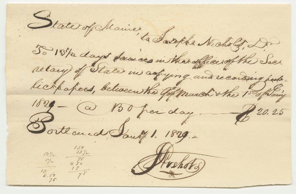 Miniature of Joseph Nichols' Bill for Work as Clerk in the Secretary's Office