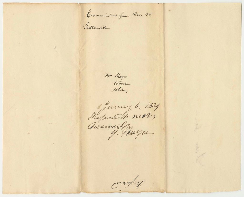 Miniature of Communications from Rev. Thomas H. Gallandet and Mrs. Jane Taylor Regarding Education for Deaf and Dumb Children