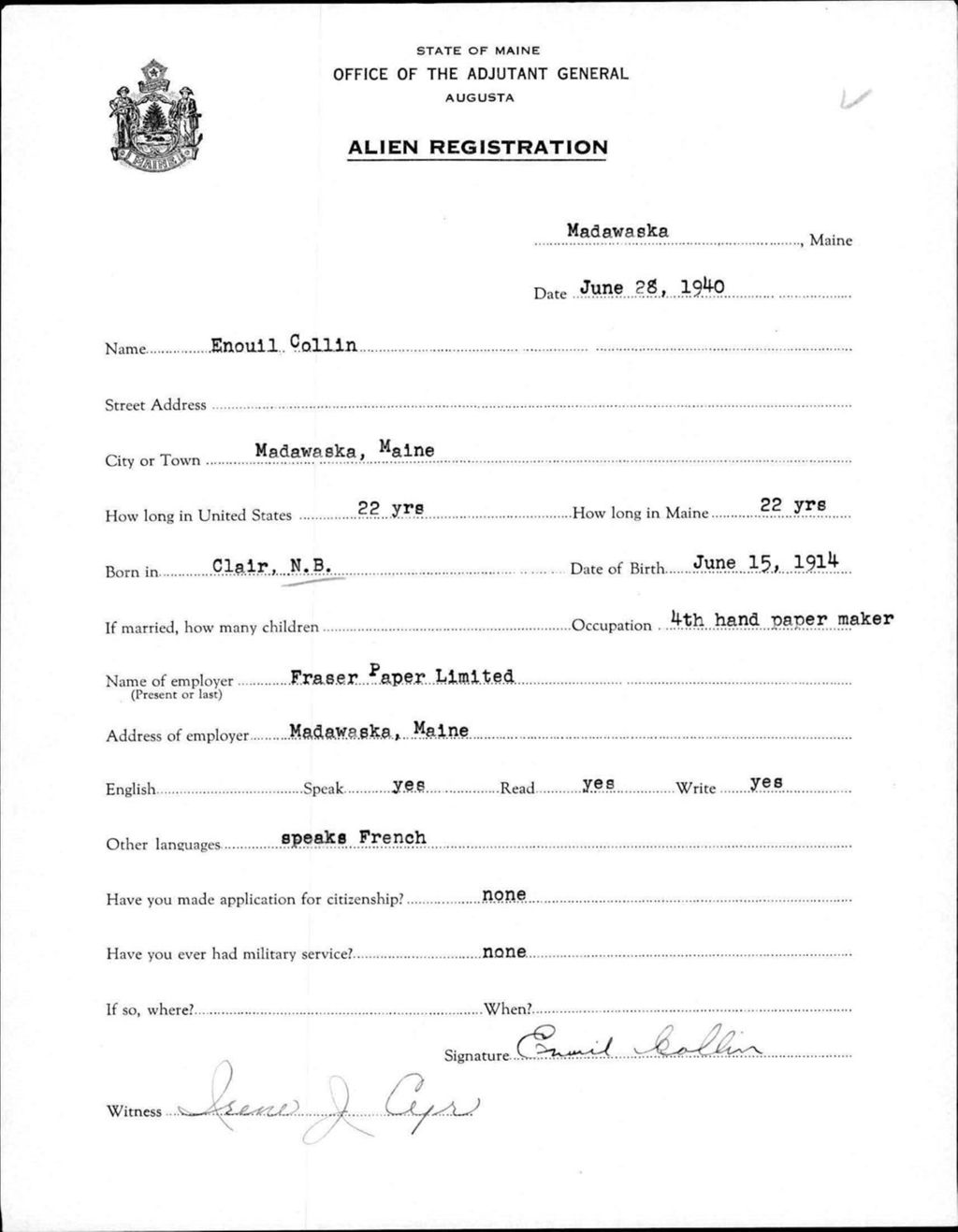 Miniature of Alien Registration- Collin, Enouil (Madawaska, Aroostook County)