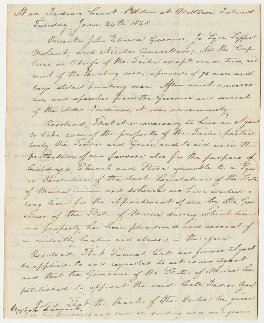 Miniature of Resolve to Have an Agent Take Care of the Property of the Tribe, at the Indian Court Holden at Oldtown Island
