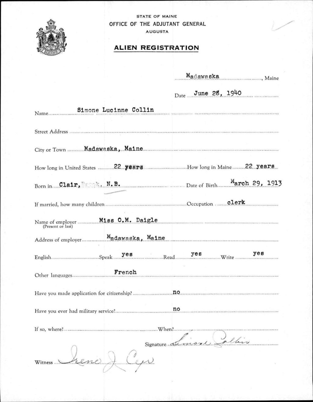 Miniature of Alien Registration- Collin, Simone L. (Madawaska, Aroostook County)