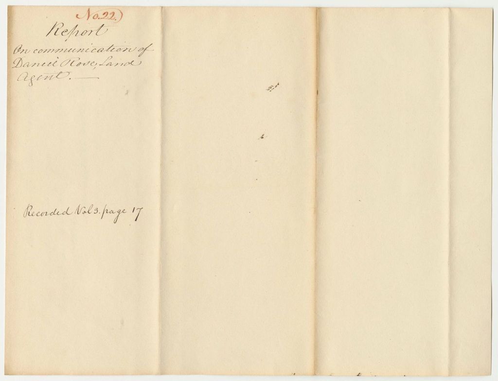 Miniature of Report 22: Report on the Communication of Daniel Rose, Land Agent, Regarding Settler's Certificates