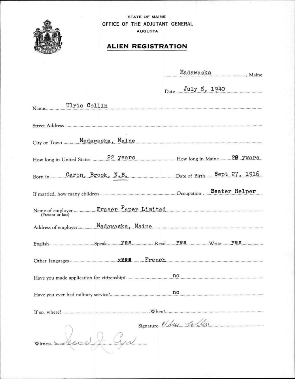 Miniature of Alien Registration- Collin, Ulric (Madawaska, Aroostook County)