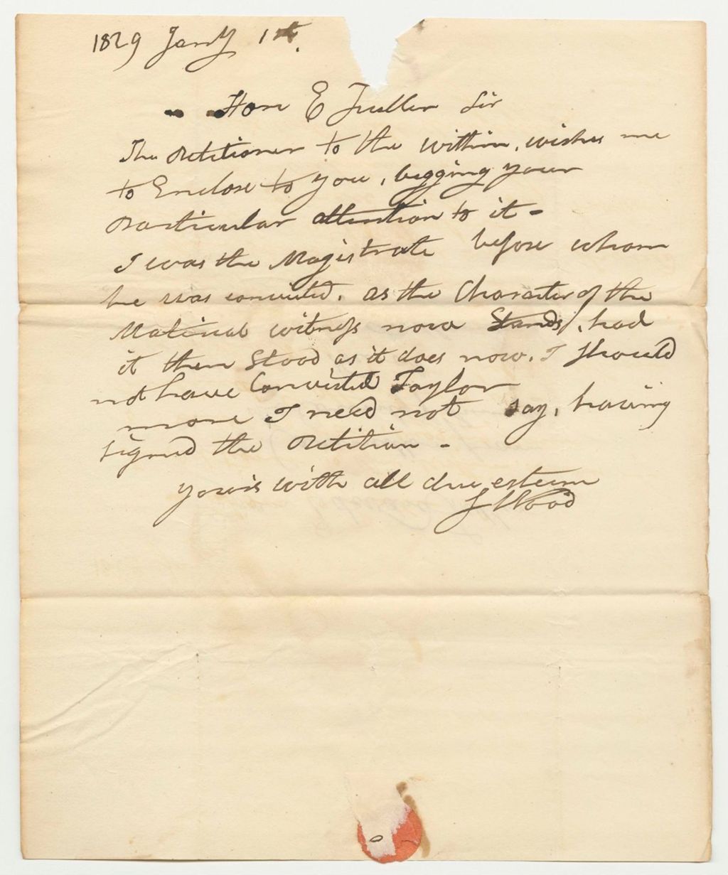 Miniature of Letter from Samuel Wood, in Relation to the Petition for the Pardon of Isaac Taylor
